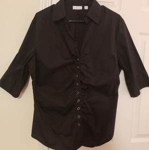 Split neck button down three-quarter sleeve blouse